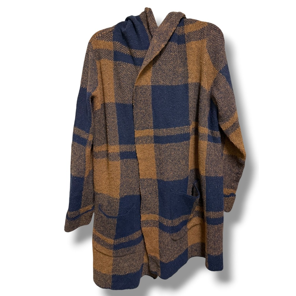 Absolutely Famous Brown Navy Plaid Hooded Open Front Cardigan Sweater 2X Plus - Picture 3 of 6